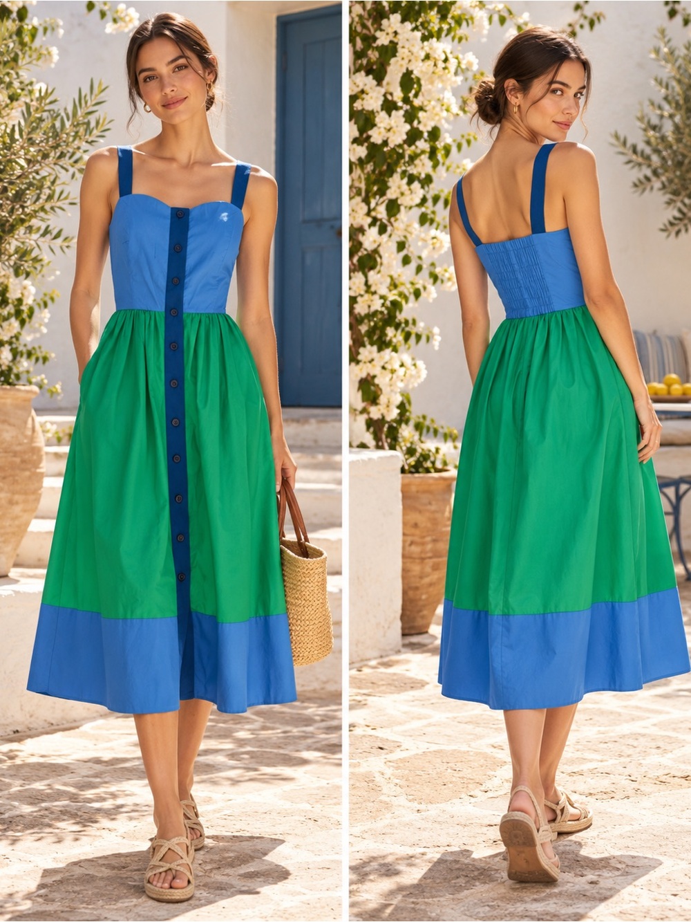 kate spade Blue and Green Button-Front Colorblock Sundress